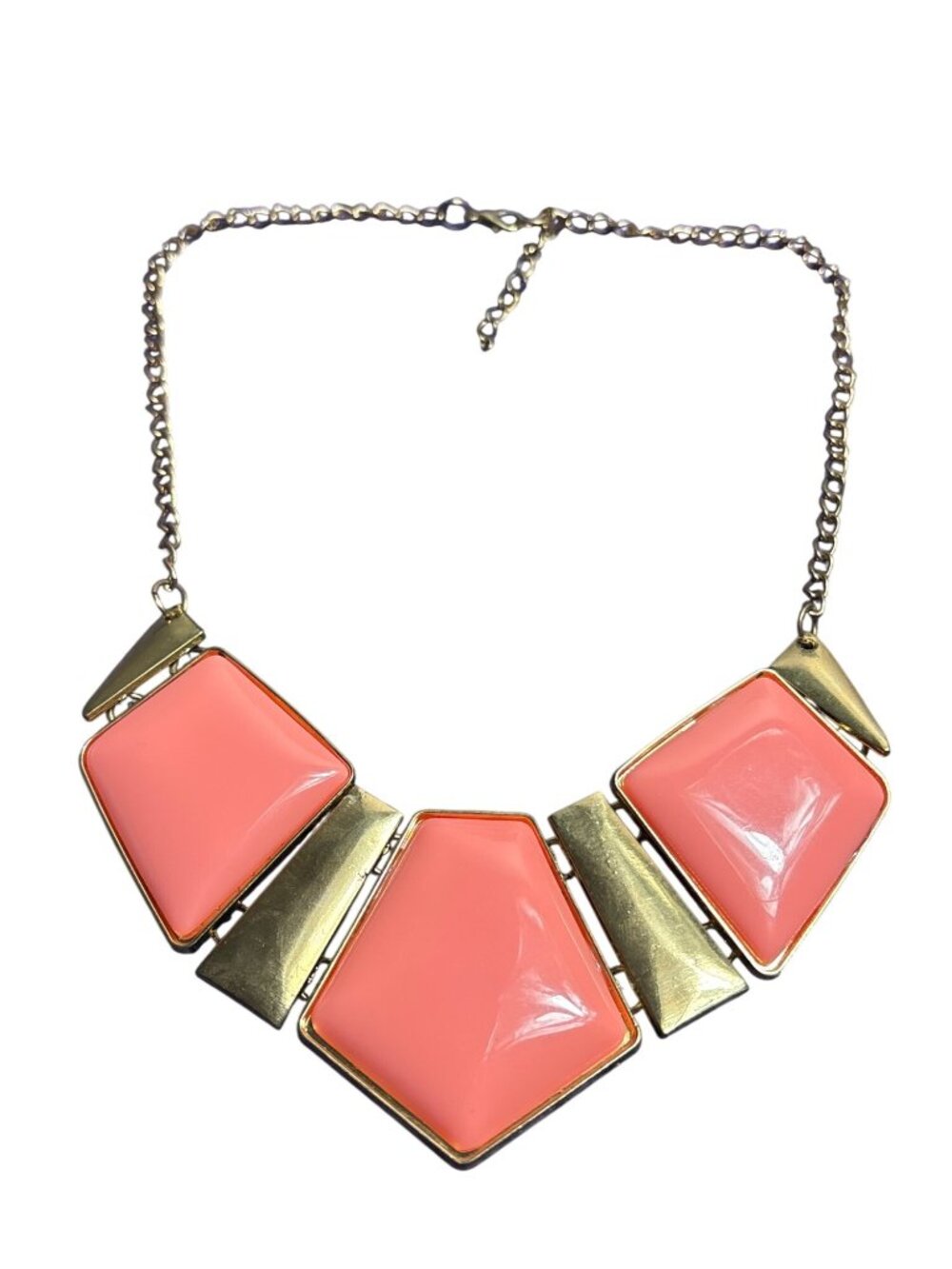 Vintage Y2K Bib Necklace Goldtone Pink Plastic Cabochons 15 - 17 inches Long